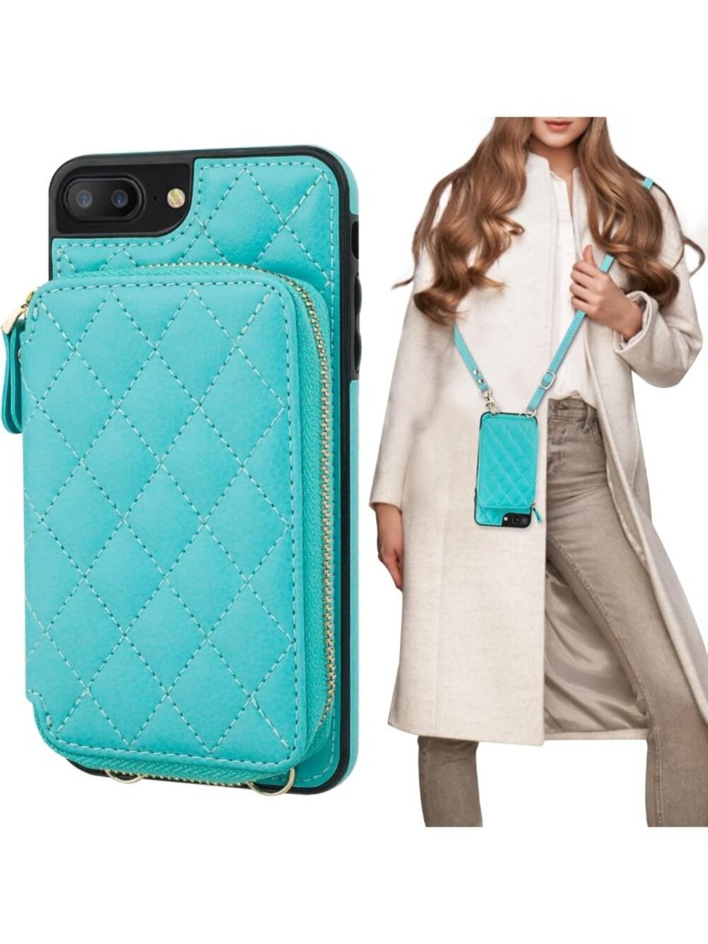 Stylish Mint Green Crossbody Wallet Case for iPhone 7/8 Plus, RFID Blocking